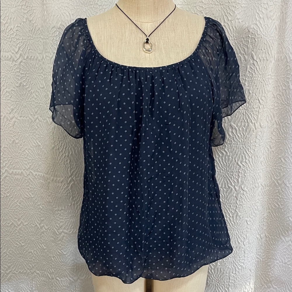 Chic Navy Sheer Blouse with Polka Dots